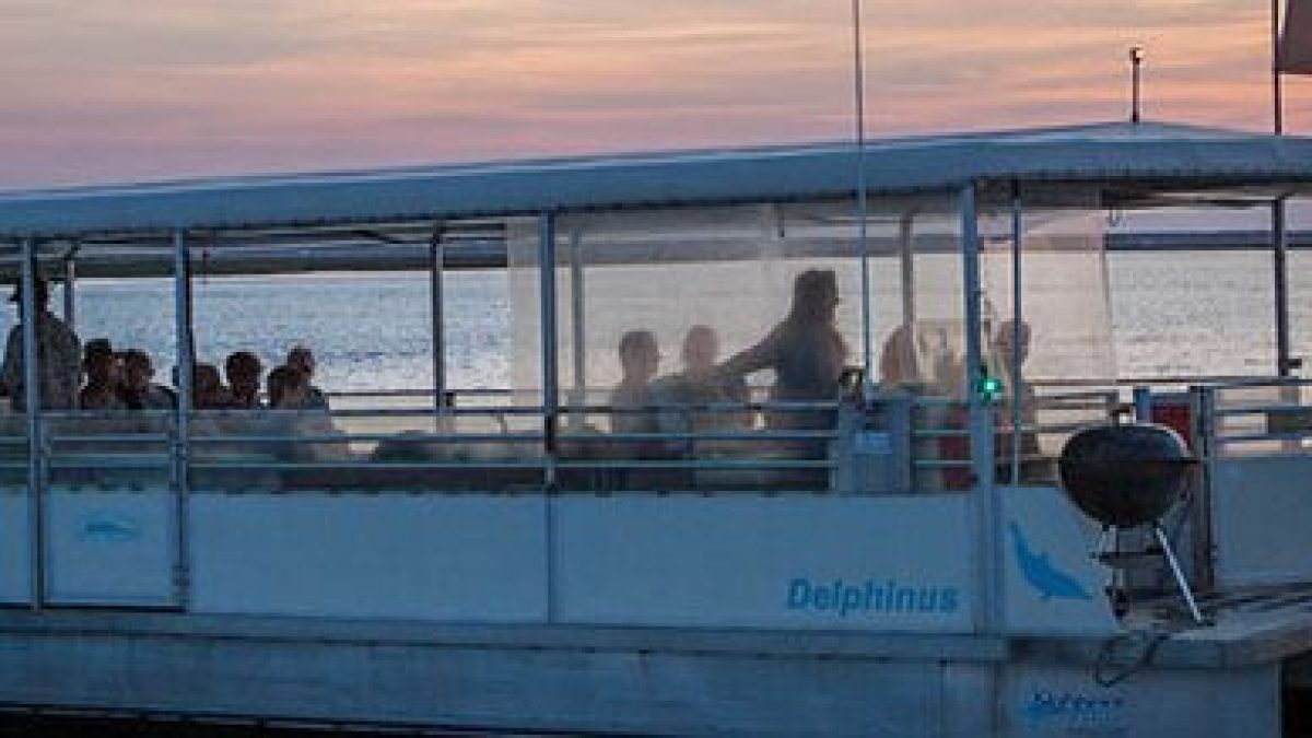 large white pontoon boat sitting on beach at sunset