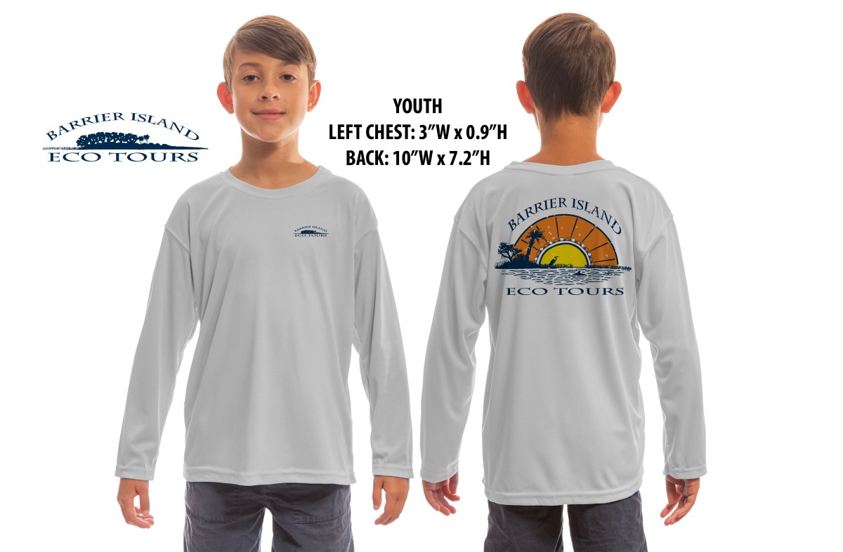 BarrierIsland_EcoTours_SUNSET_YOUTH_PG_LS-01 Child's size light gray long sleeve Barrier Island Eco Tours shirt