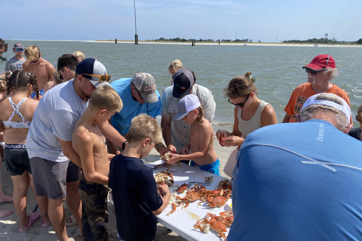 Group of people gathered around a table with crabs by the water on a sunny day.