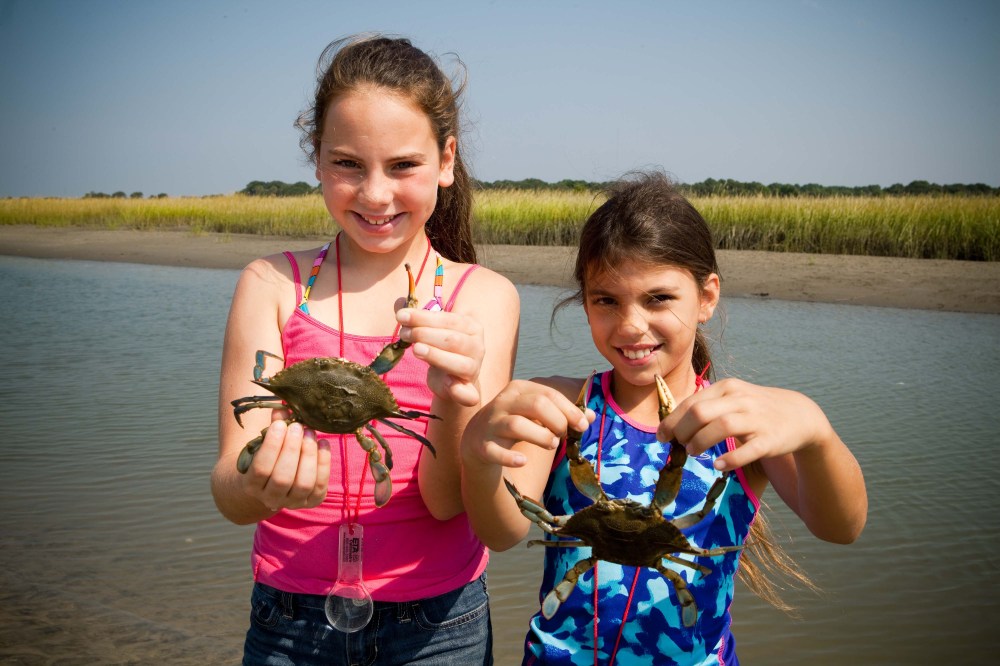 Two girls holding crabs by a riverbank on a sunny day.