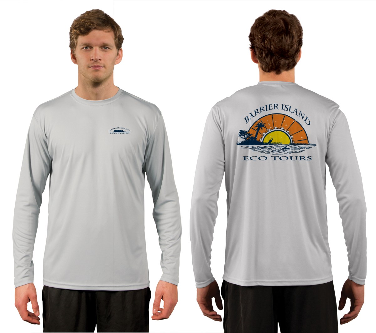 BarrierIsland_EcoTours_SUNSET_MensPG_LS-01 Pearl Gray long sleeve sunset tshirt