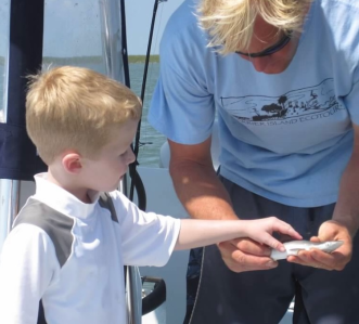 Child touching a fish