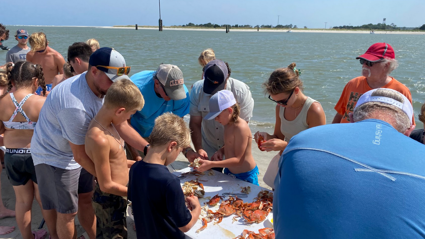a group of people in the water