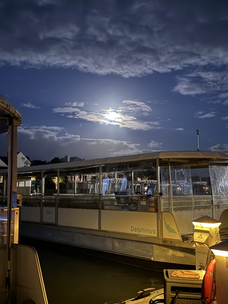 Boats docked at night under a cloudy sky with a bright moon.