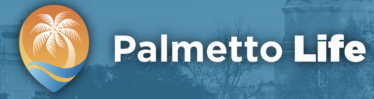 Logo with a palm tree and waves, text reads 'Palmetto Life' on a blue background.