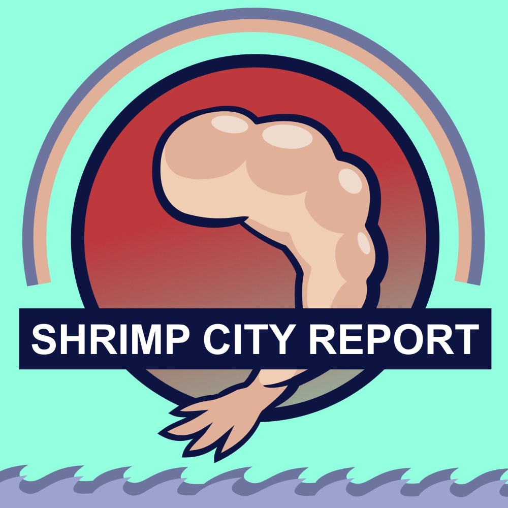 Illustration of a shrimp with text 'SHRIMP CITY REPORT' on a colorful background.