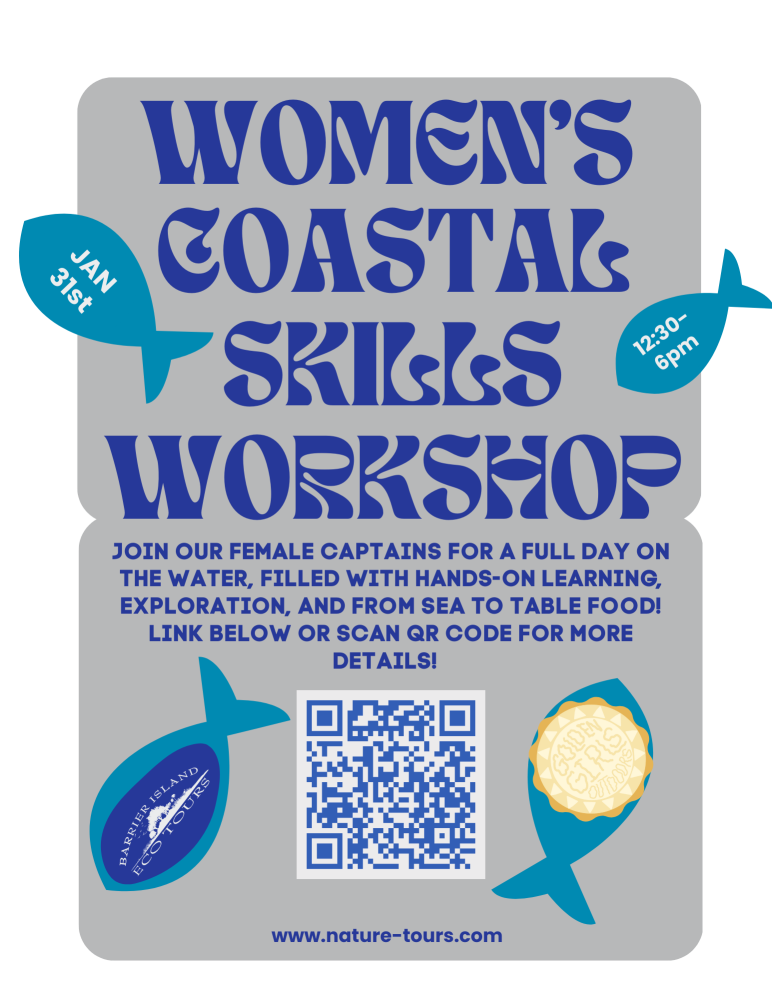 Poster for a Women's Coastal Skills Workshop on Jan 31, 12:30-6pm, includes a QR code for more details.